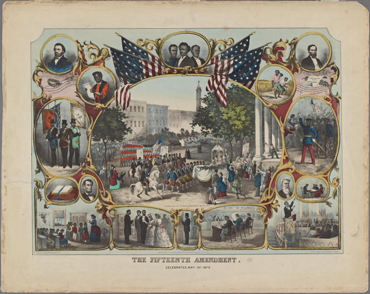 A historic print depicting the passage of the 15th amendment.
