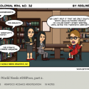 A comic cartoon with the following thought bubbles: An archivist saying "We can't help it that we only digitize white male authors! People of color didn't start writing until after the twentieth century!" Several other bubbles coming from a bookshelf say "The Mahabharata," "The Analects," "Phillis Wheatley's Poetry," and "The Straits Chinese Magazine."